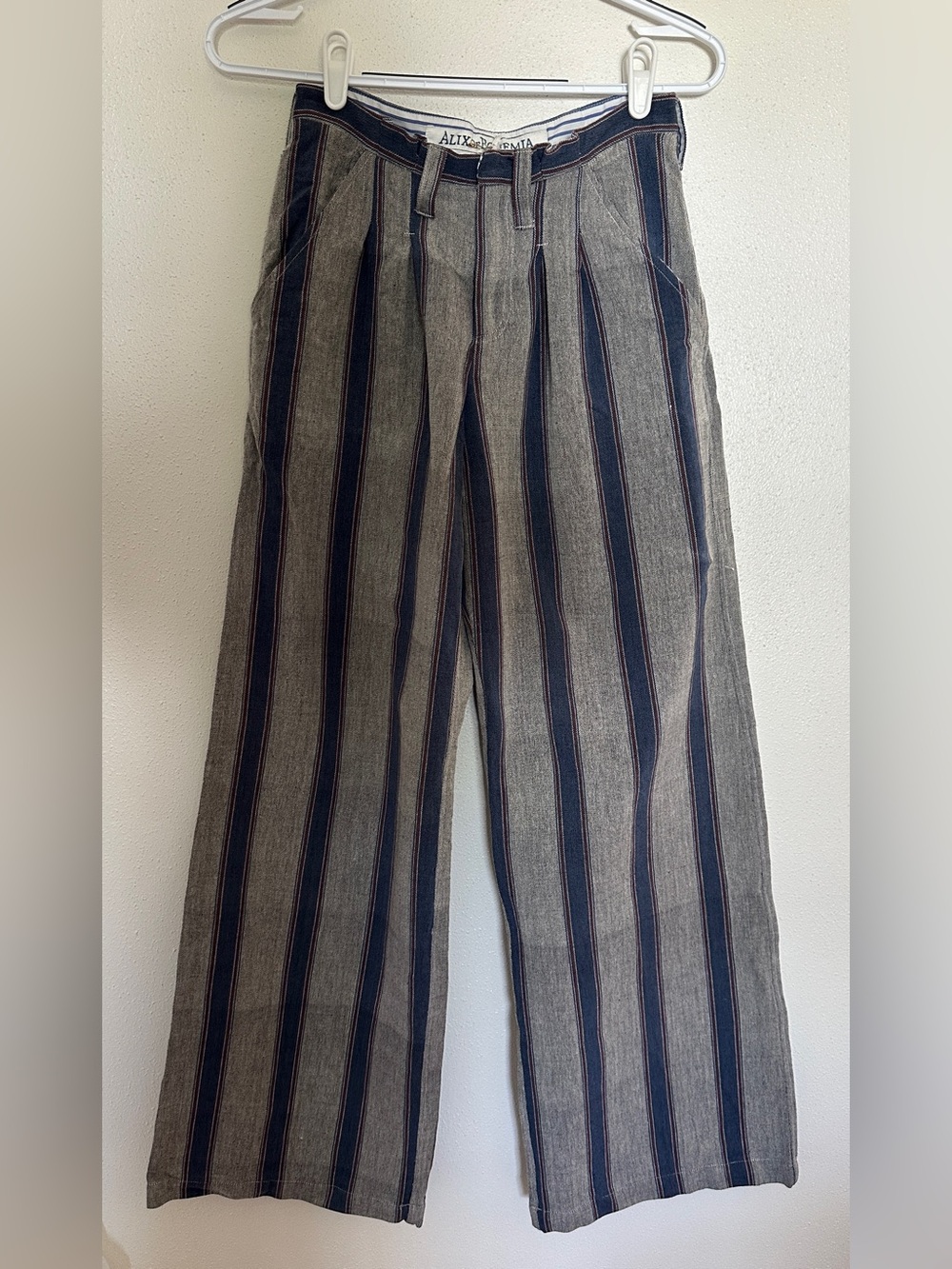 Alix of Bohemia Striped Wide Leg Pants Grey Navy Blue XS NWOT